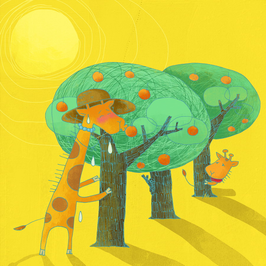 A toast for sunny days (2012) | Ink and digital painting\
\
*Baby giraffe and his mother lived happily in a small house. Mommy giraffe worked in a orange field. Everyday she woke up early and sweat on the field under hot sun. Baby giraffe loved his mom so much, he wanted to do something to help her.*

*So he decided to eat the sun.*