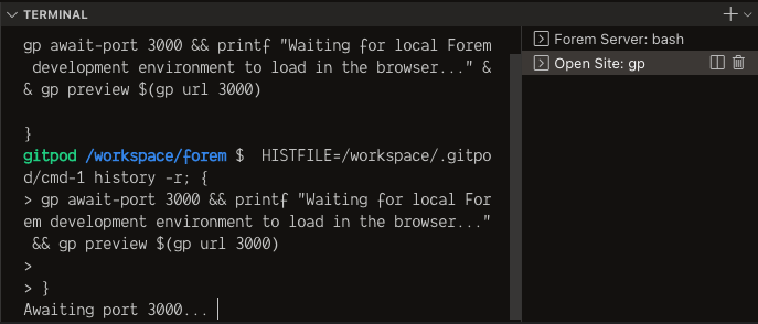 Gitpod Open Site terminal session