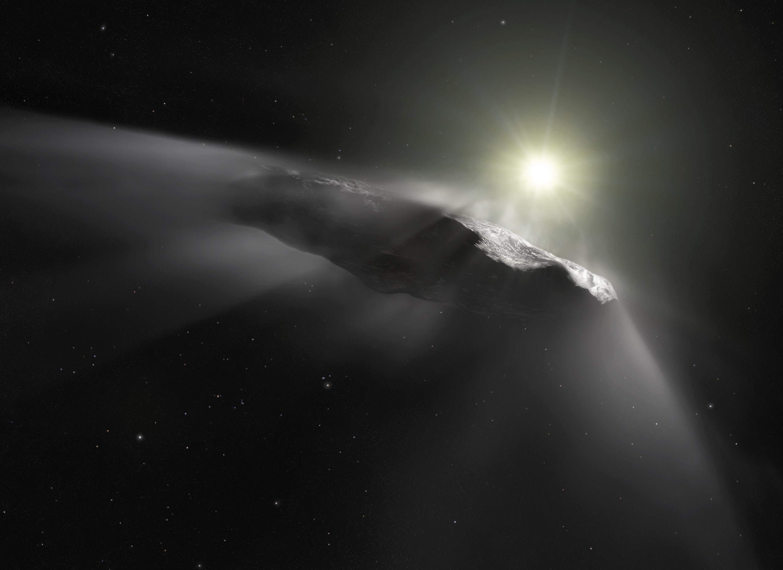 Межзвездный астероид Оумуамуа в представлении художника. Источник: ESA/Hubble, NASA, ESO, M. Kornmesser