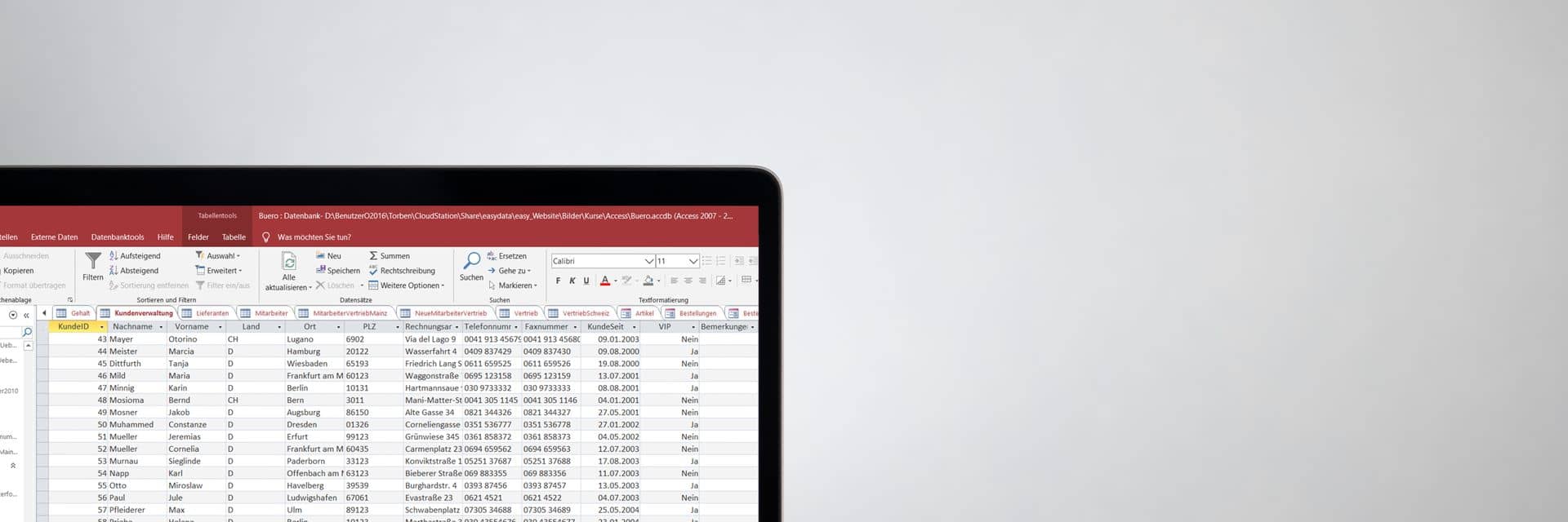 Laptop mit Access-Datenbank Exemplarische Tabellenansicht einer Access-Datenbank auf einem Laptop