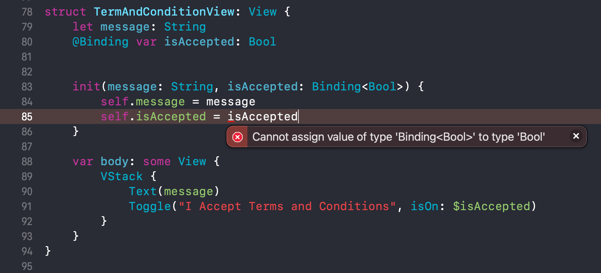 Cannot assign value of type 'Binding<Bool>' to type 'Bool'