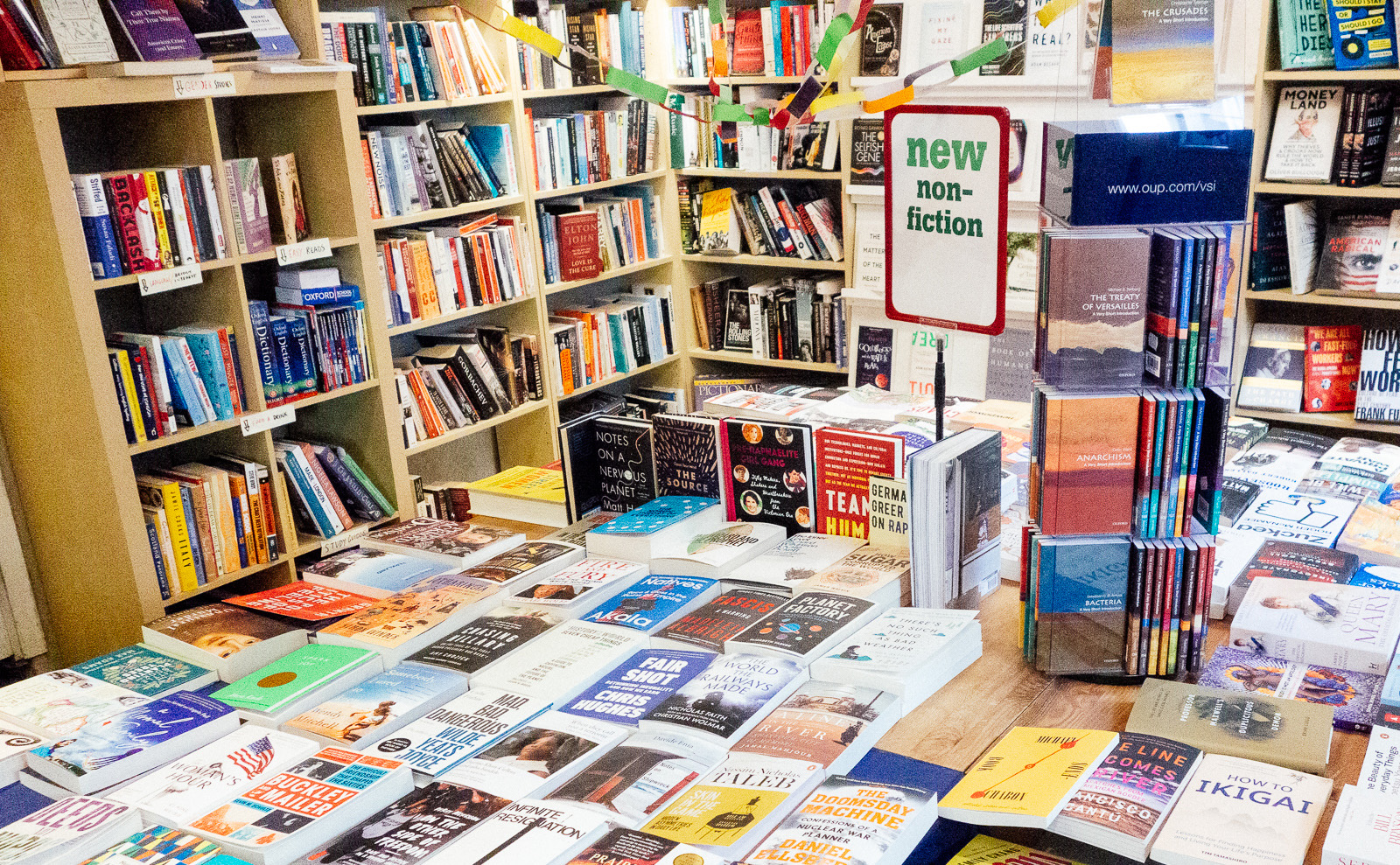 a book display in the english bookshop in stockholm, sweden