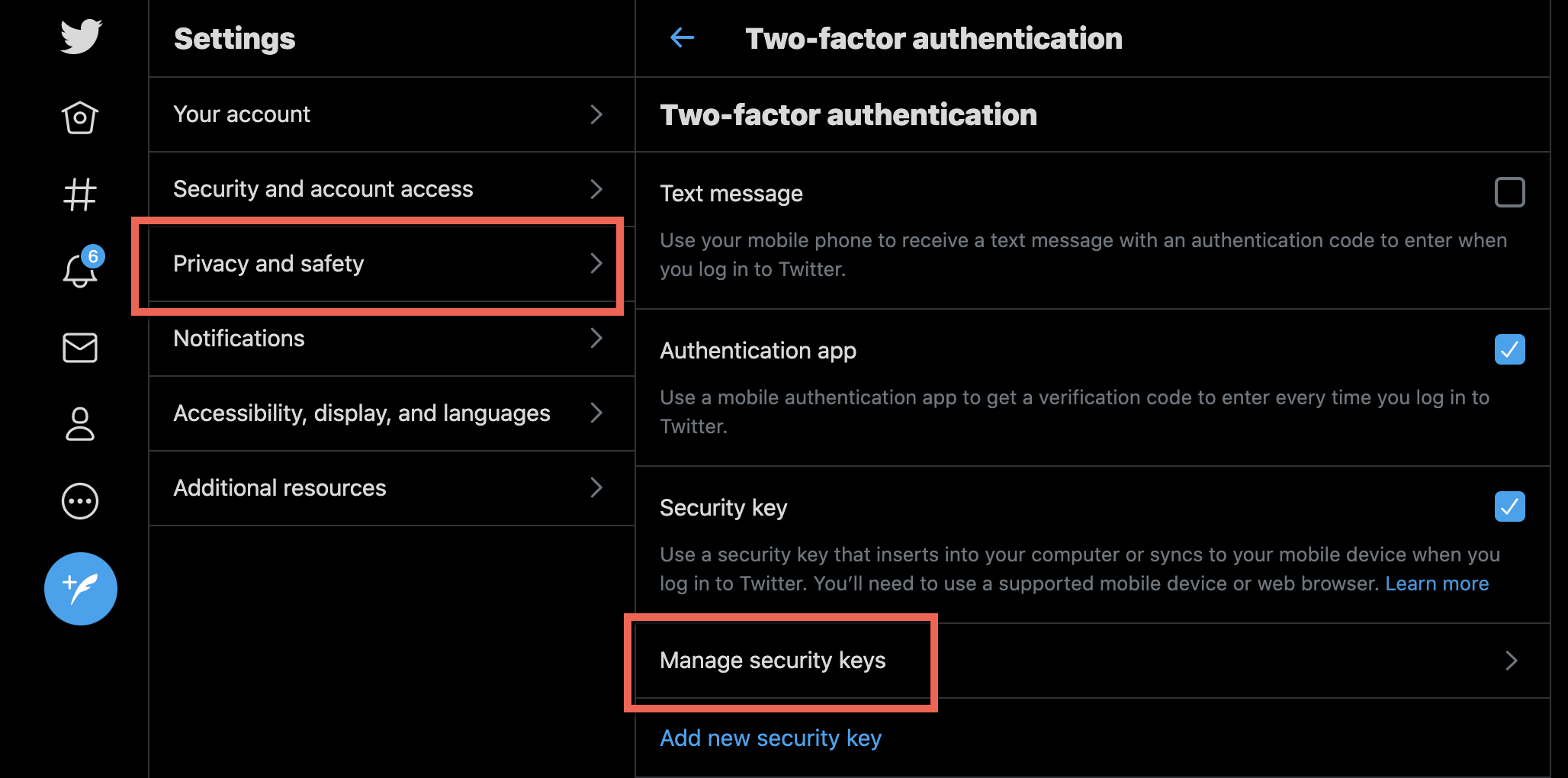 Two-factor authentication settings
