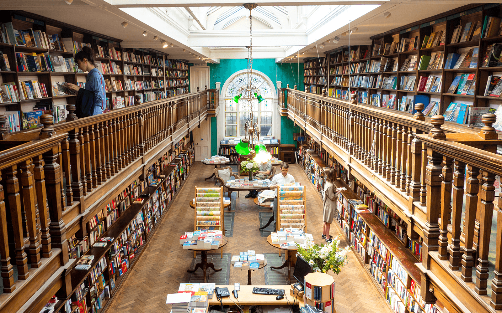 stained glass window at Daunt Books in London