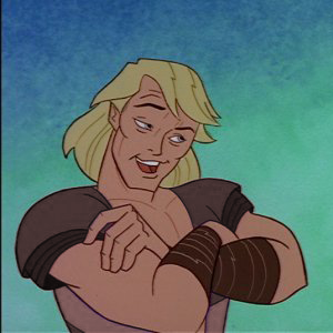An altered image of Iolaus from the Hercules and Xena animated movie to represent Traelus Hasi'Tali