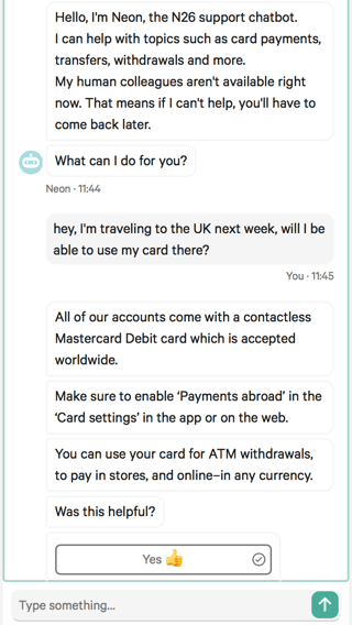 Screenshot of the N26 AI assistant