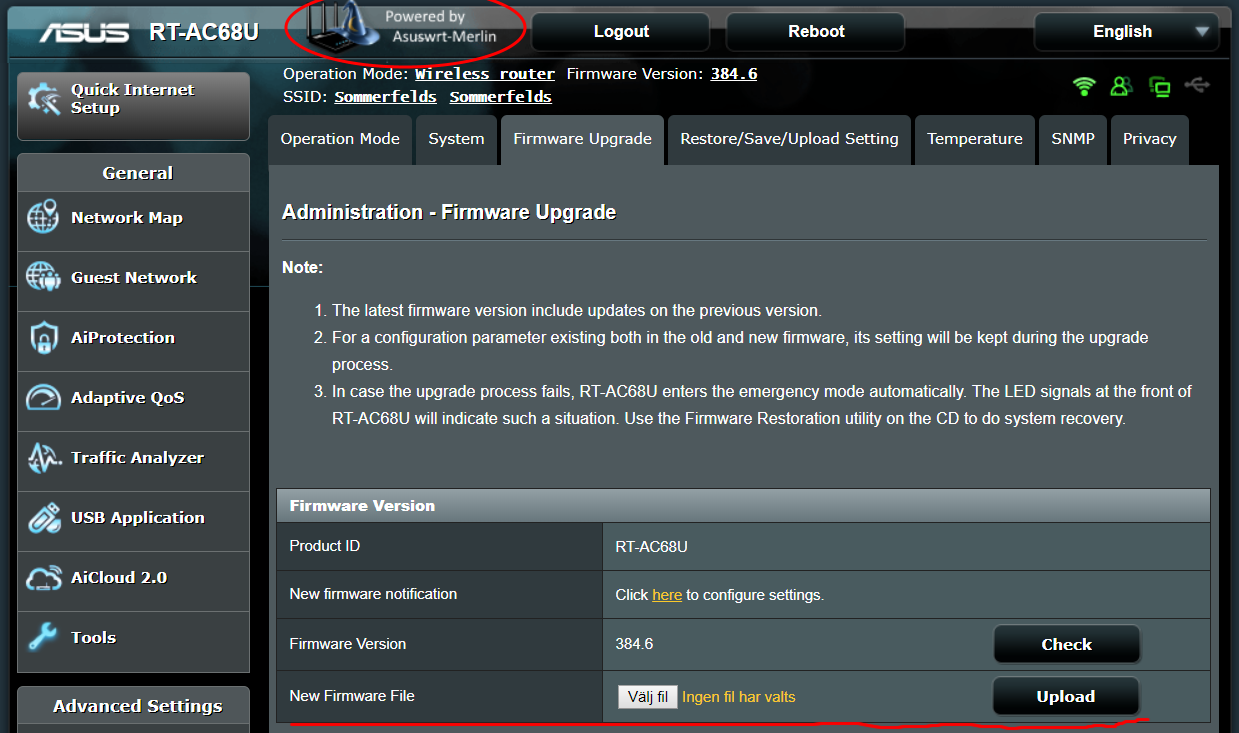 Asus router web interface for uploading and applying a firmware update