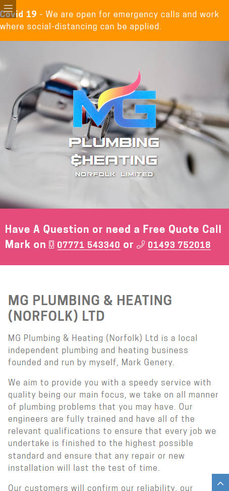 MG Plumbing & Heating Ltd website frontpage on a mobile
