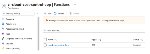 Function App panel in an Azure web GUI