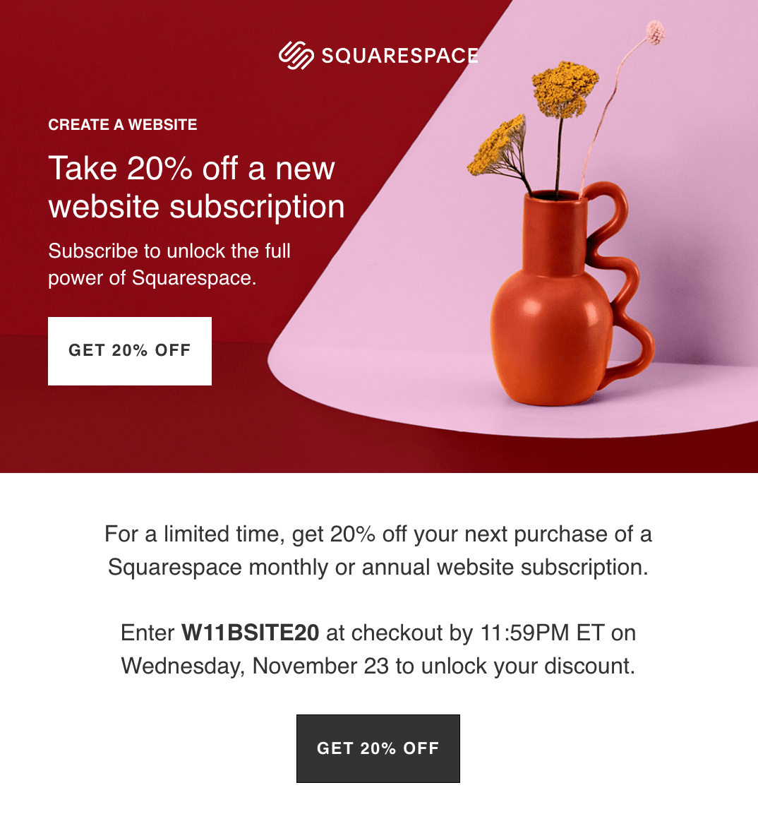 B2C SaaS Email Marketing: Screenshot of Squarespace's email for their discount