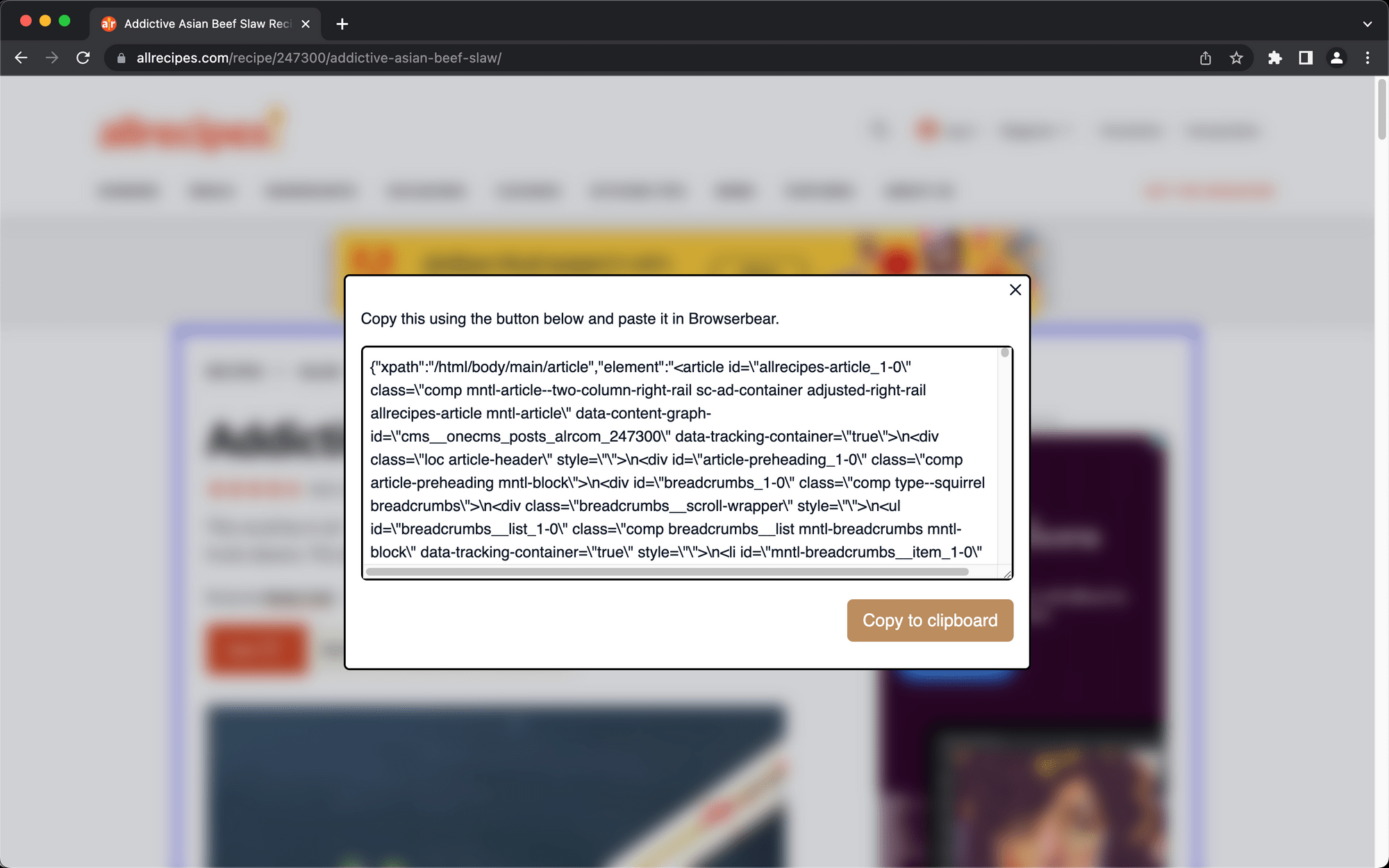 Screenshot of Browserbear Helper config