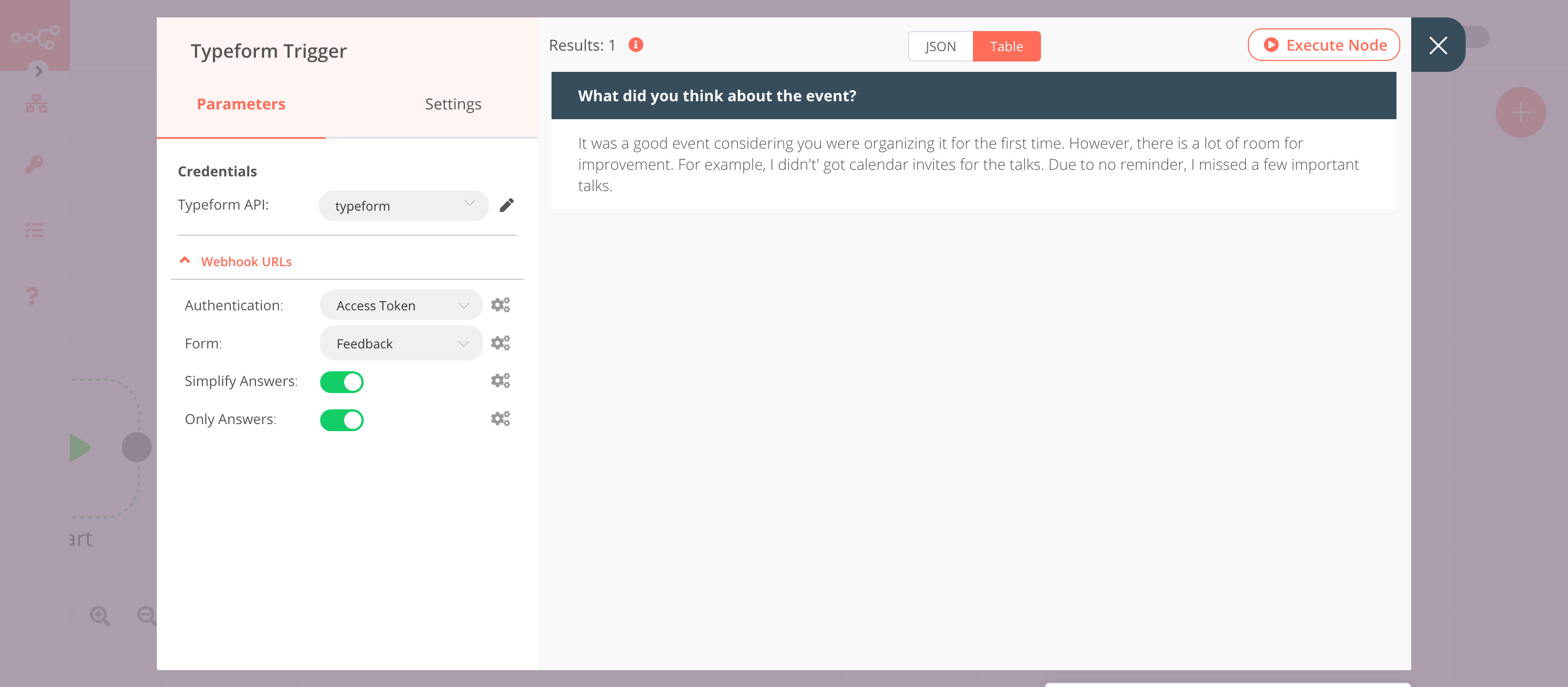 Using the Typeform Trigger node to trigger the workflow when a feedback form is submitted
