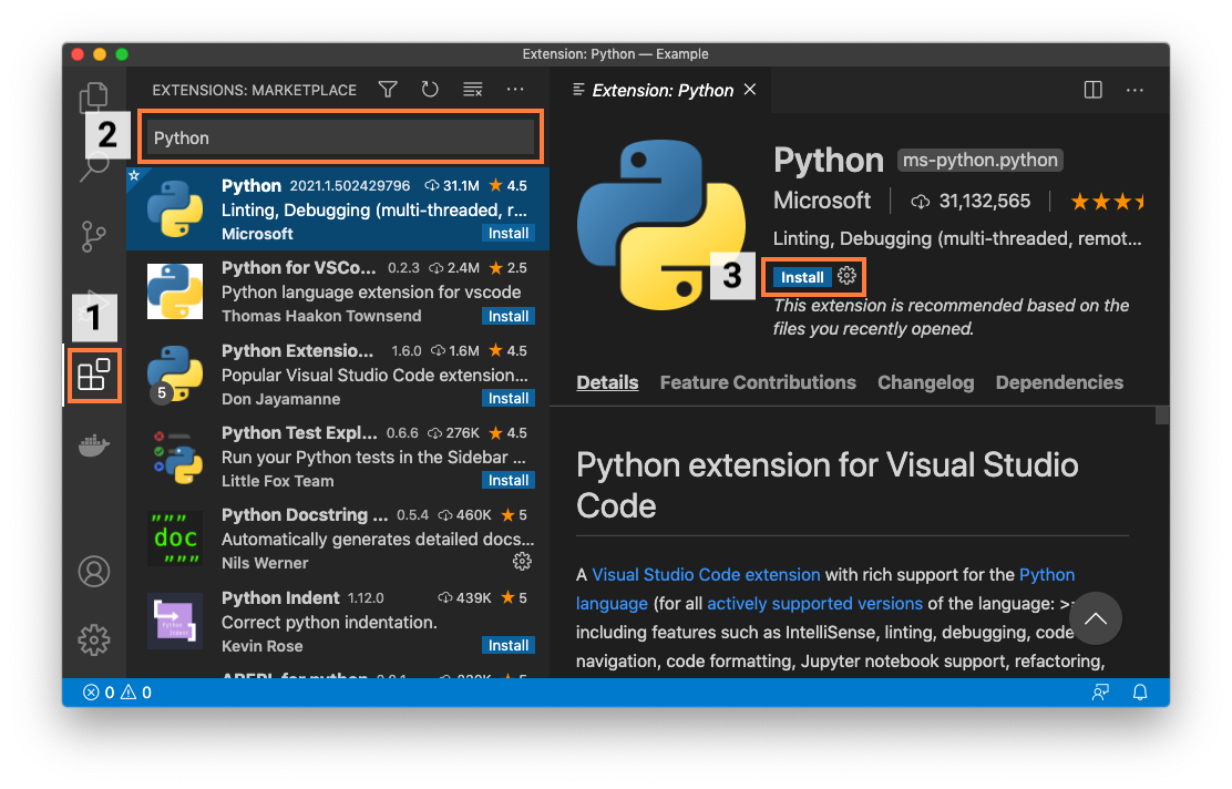 Installing the Python extension in Visual Studio Code.