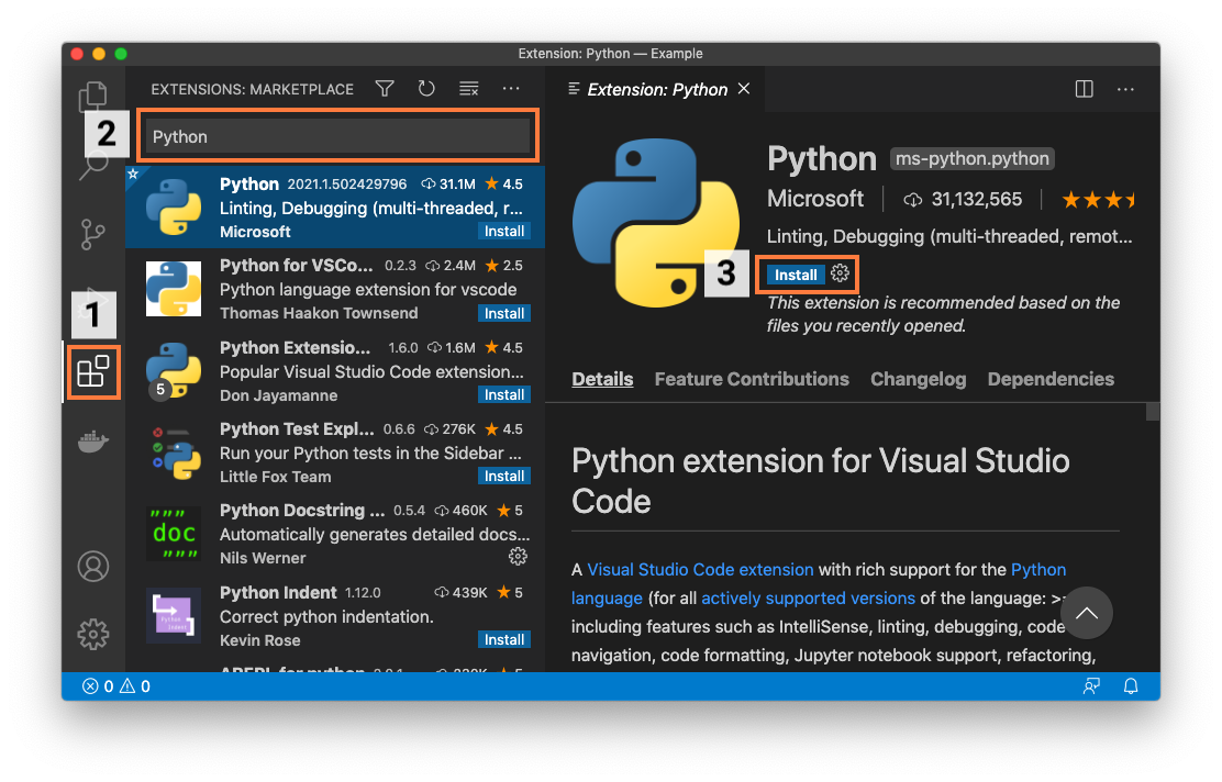 Installing the "Python" extension in Visual Studio Code.