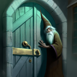 an old wizard listening through a door, digital art