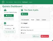 A screenshot of the user's dashboard, showing the user's name, how many tasks there are left to be done today, a date input for selecting a specific date's list, the number of pets the user has, and information about each pet along the options to edit or delete