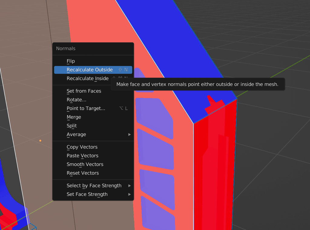 Shows the Blender normals menu, highlighting "Recalculate Outside"