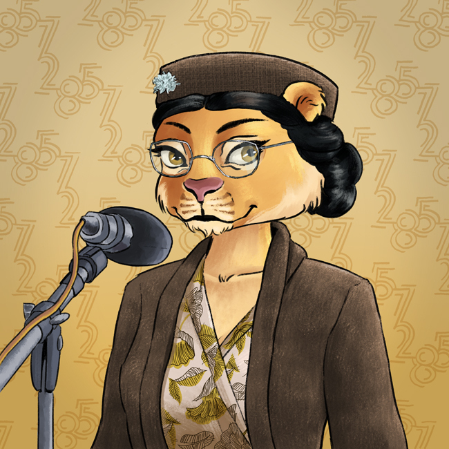 An NFT image of a female lion wearing a 50's inspired suit and hat inspired by Rosa Parks celebrating civil rights Icons