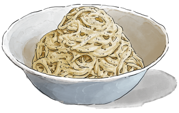 Illustration of a bowl of Cacio e POPe (Italian Mac and Cheese)