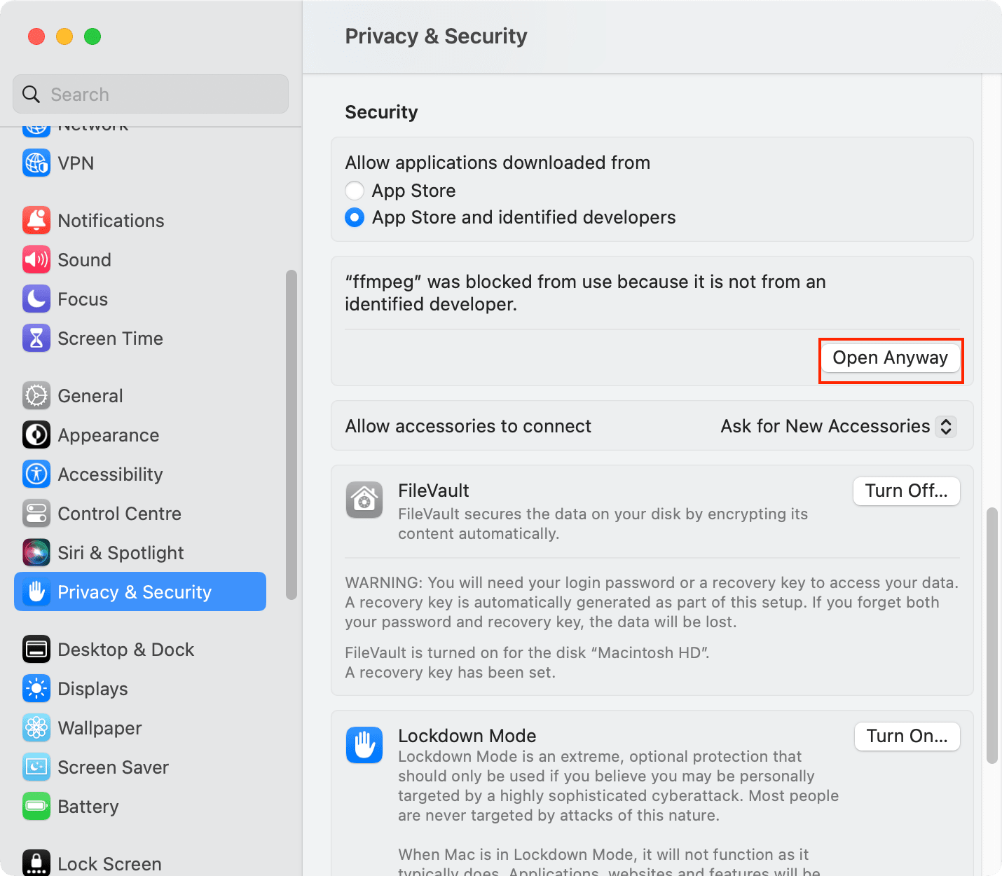 a screenshot of the 'Privacy & Security' settings