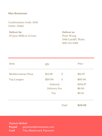 order confirmation from a restaurant example