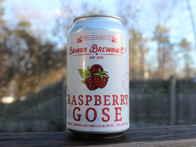 A non-alcoholic Raspberry Gose brewed by Bravus Brewing Company