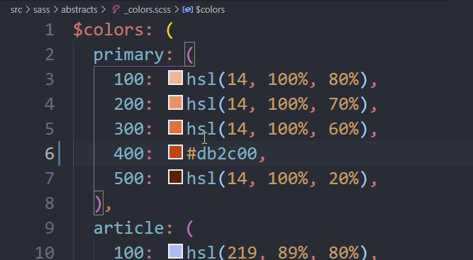 Changing color mode of a color from HEX to RGB to HSL by clicking on the value in the colour picker in VS Code