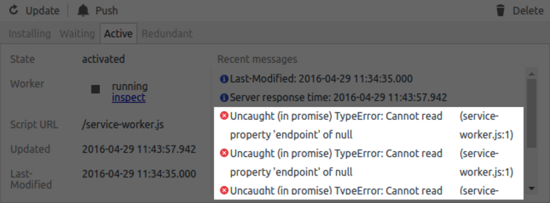 Errors with Push in DevTools service worker panel