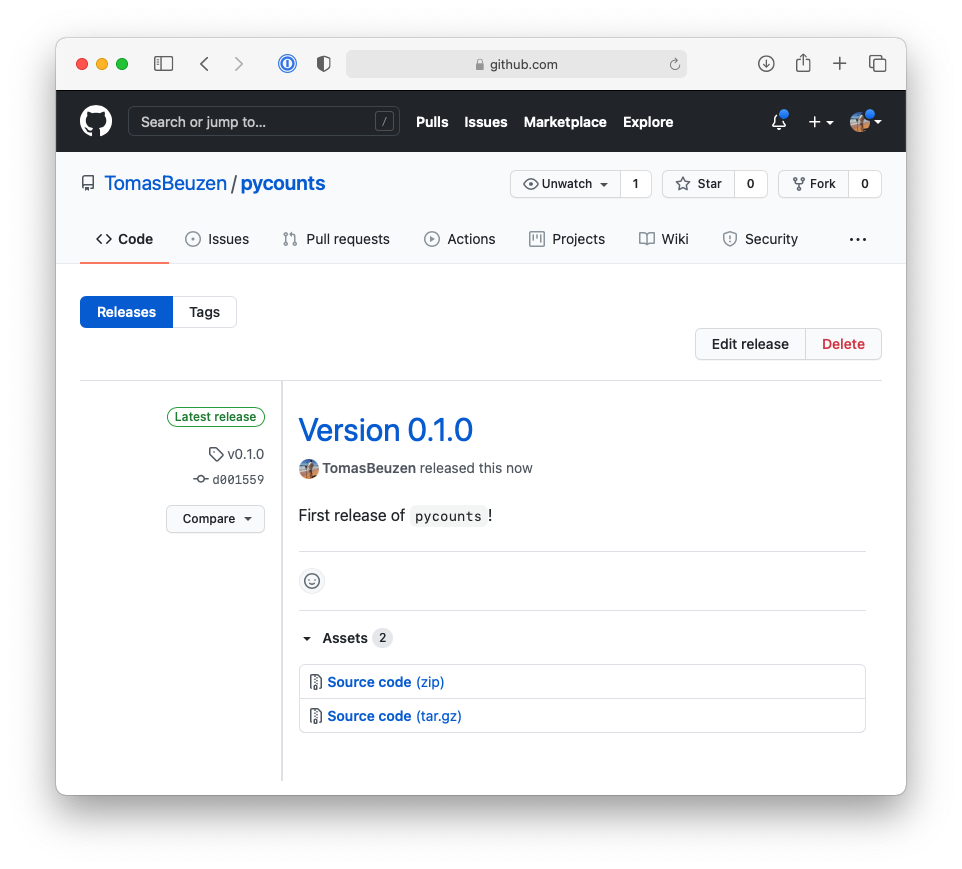 Release of v0.1.0 of `pycounts` on GitHub.