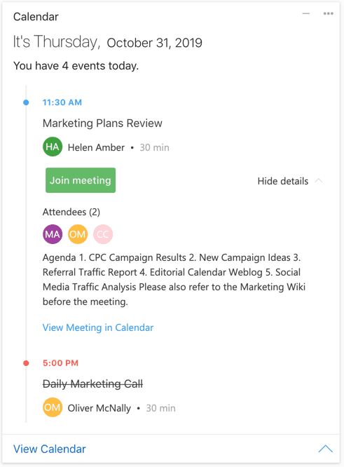 Digital Assistant Card showing an overview of today's calendar events for a user, with quick-action buttons
