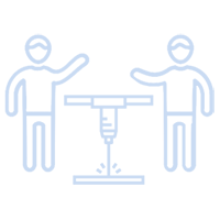 training icon - black line illustration of two stick figures with arms raised over a laser cutter