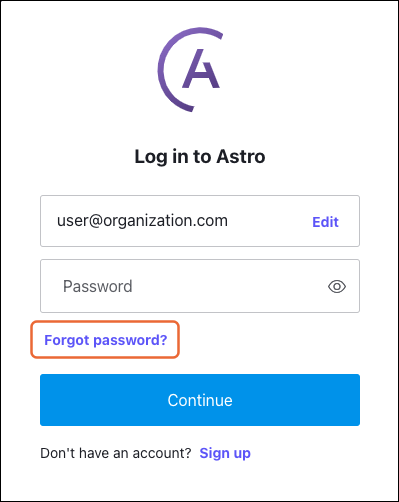 Button to reset password on the Cloud UI login page