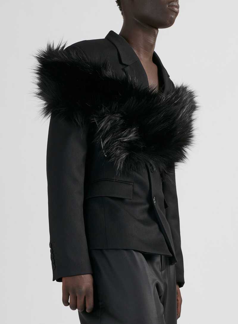 Dabir Jacket Black with Faux Fur Stole, side view. GmbH AW22 collection.
