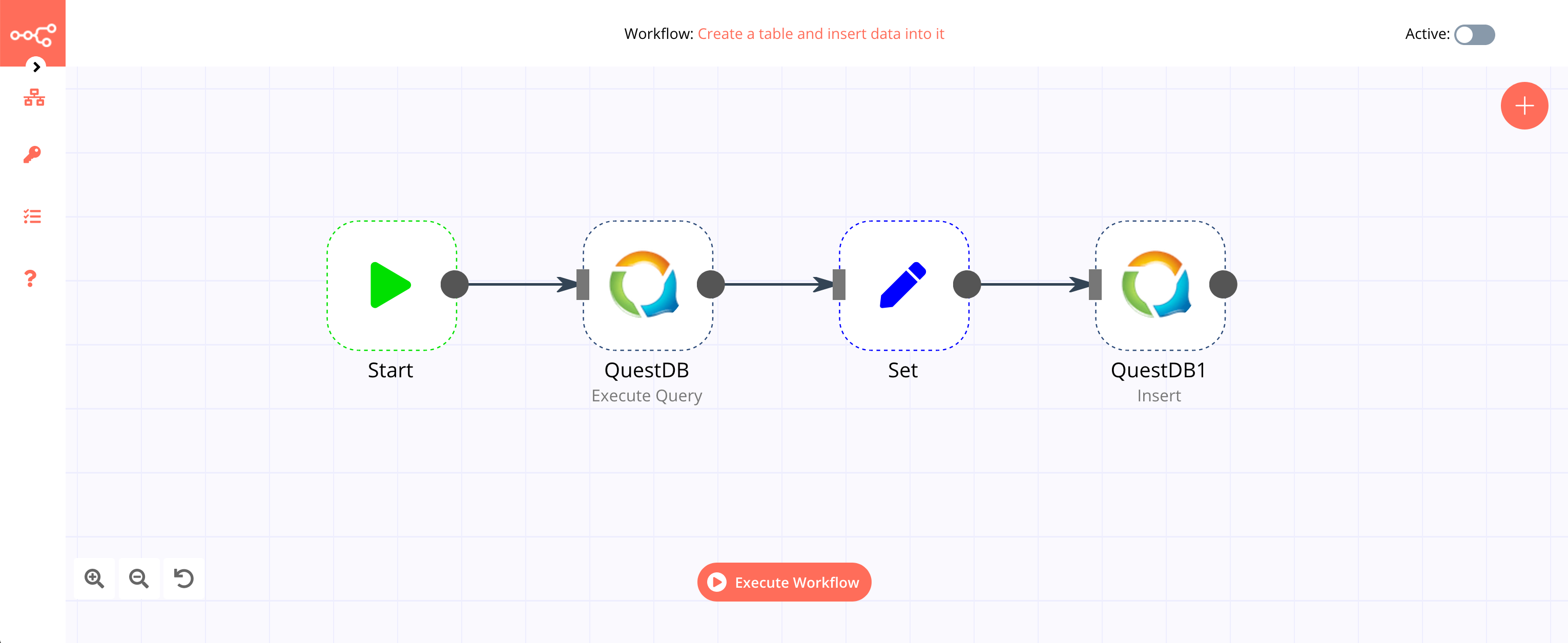 A workflow with the QuestDB node