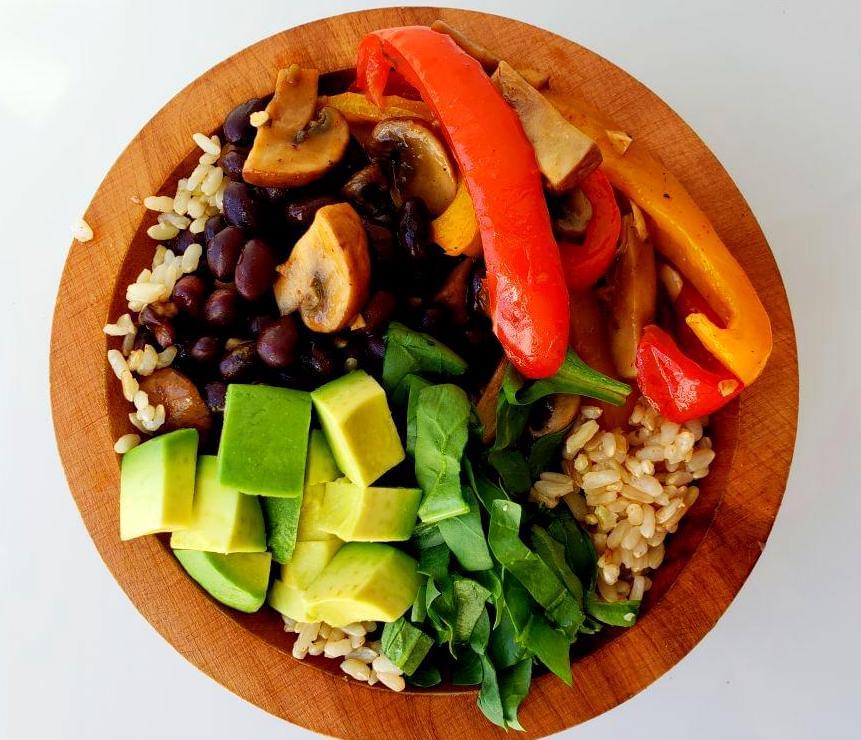 Fajita bowl with vegetables, black beans, and rice