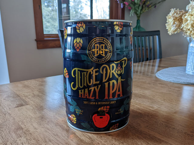 A mini keg of Breckenridge Brewery's Juice Drop Hazy IPA