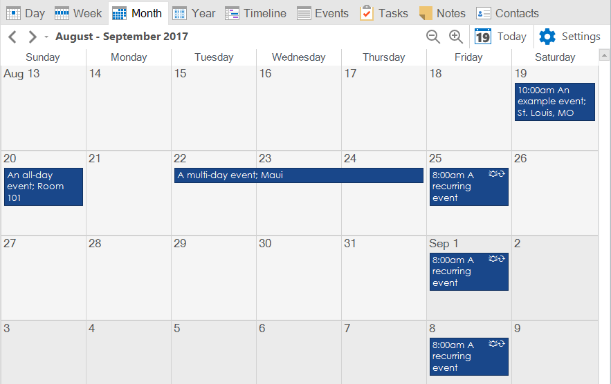 The generated ICS file looks great when imported into VueMinder, the best calendar app for Windows.