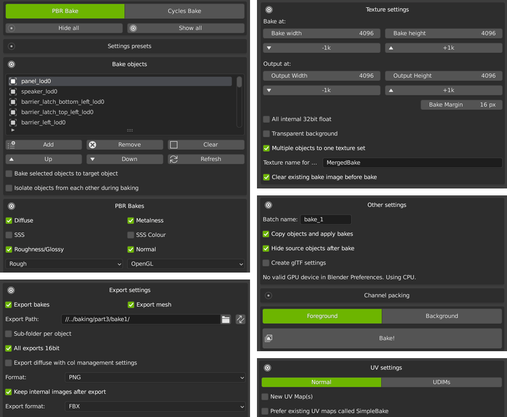 Image shows a run-down of all the settings for SimpleBake I applied, to give an example. The details are not really important here.