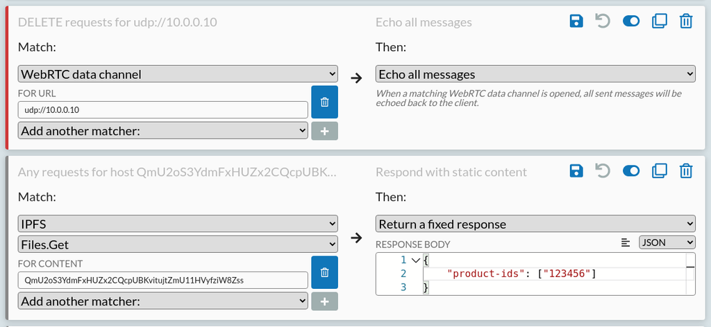 A mockup showing two configurable rules for mocking IPFS and WebRTC rules