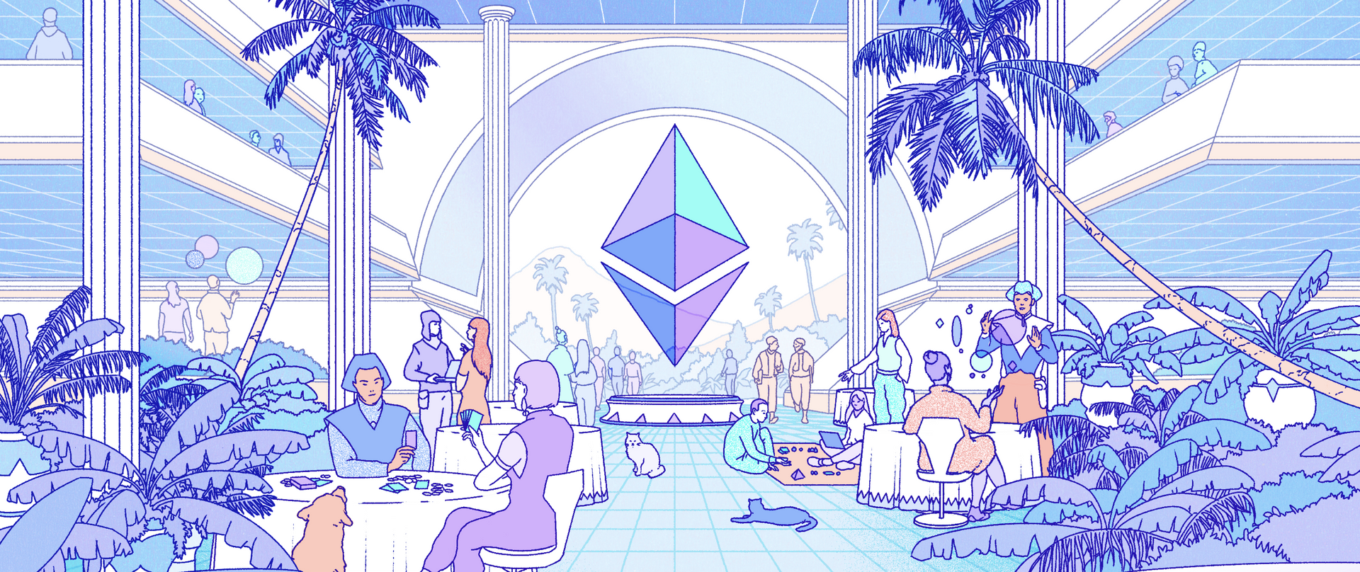 An illustration of characters in a social space dedicated to Ethereum with a large ETH logo