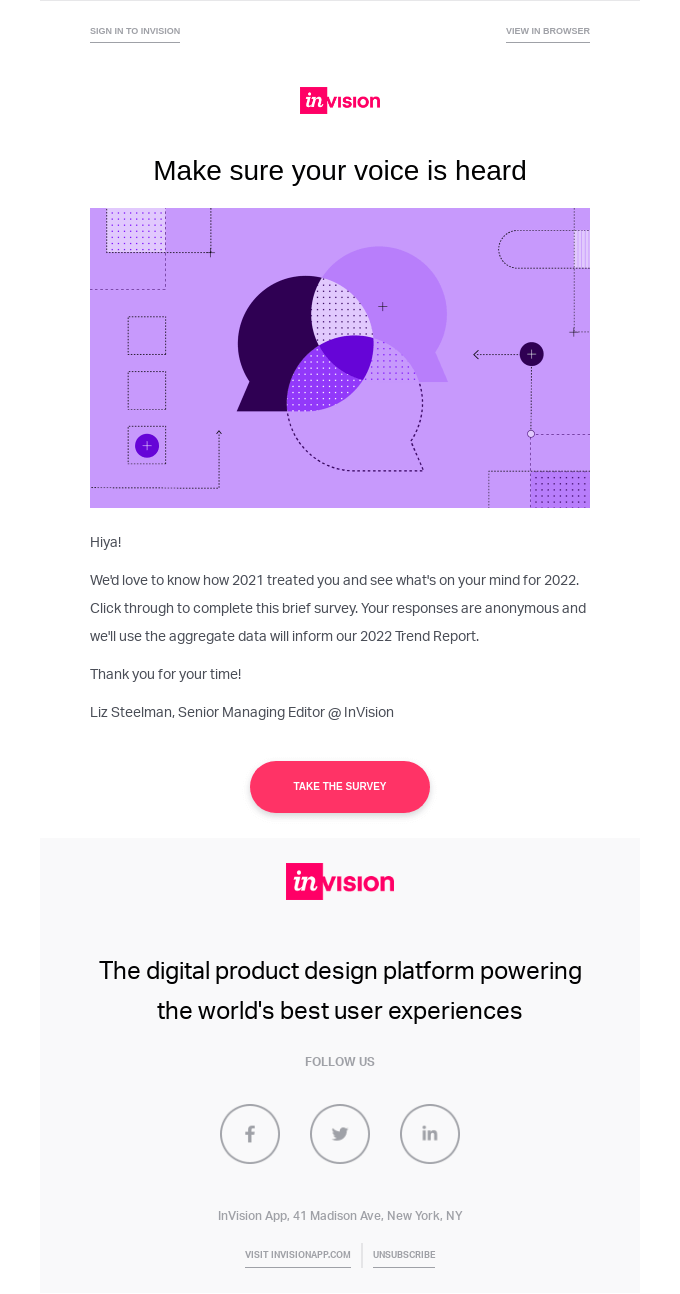 Survey Email Examples: Screenshot of Invision's survey email