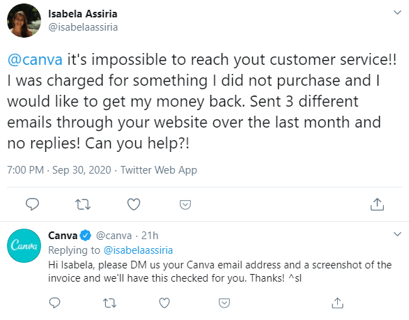 A tweet from an angry customer about Canva's customer support, and Canva's response