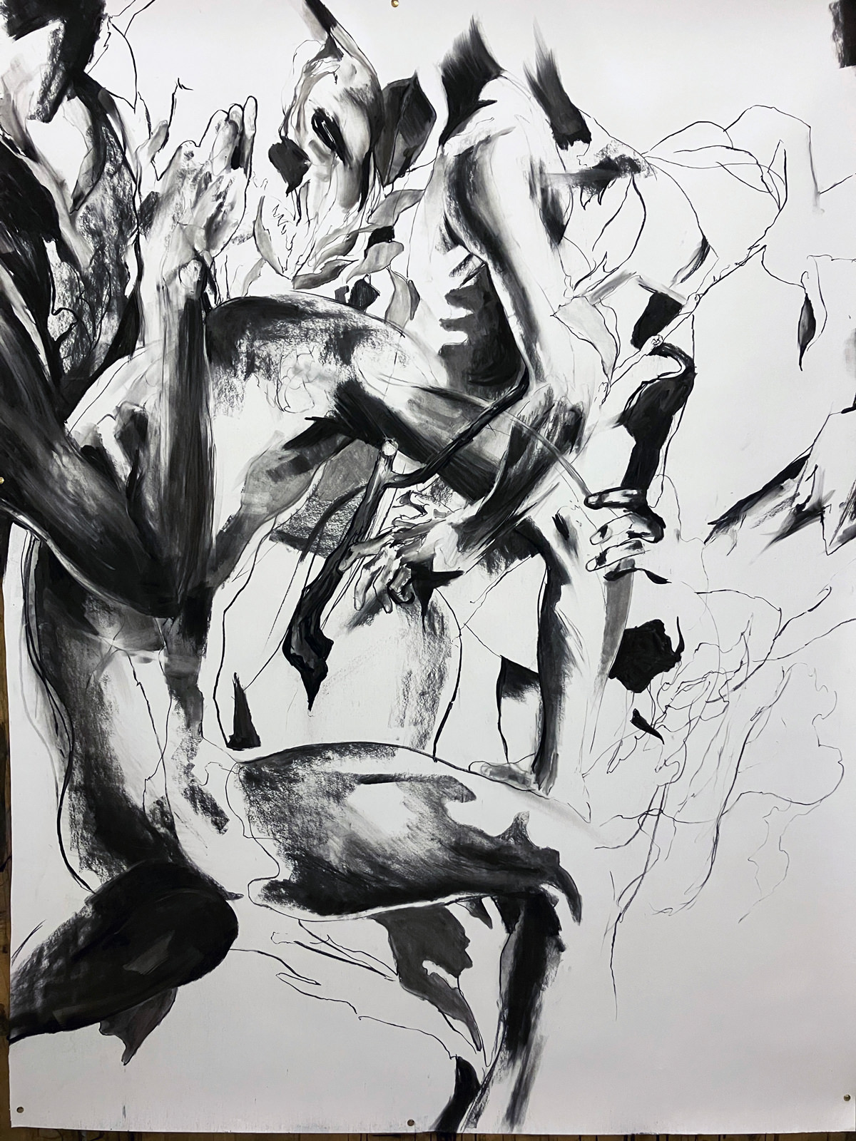 Charcoal drawing, anatomy and abstract, sitting model