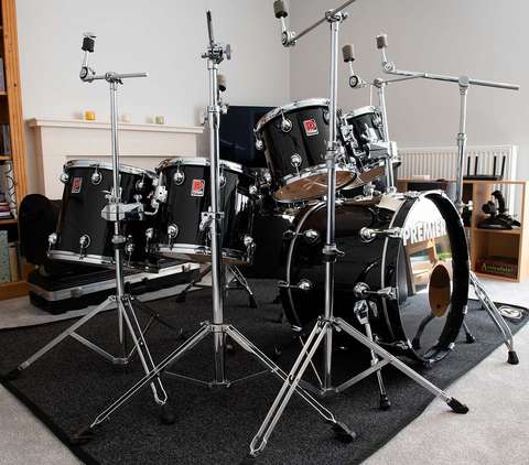 Side view of my 6 piece Premier Genista Birch Drum kit.