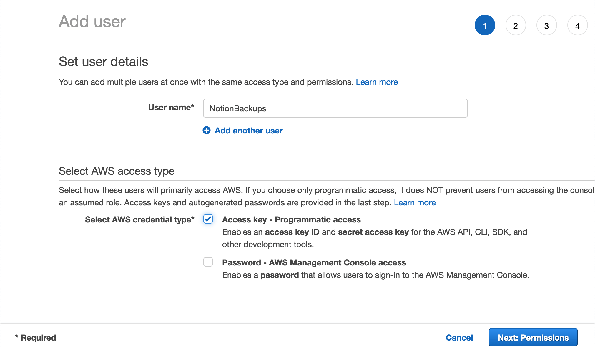 Creating a new user in the AWS IAM