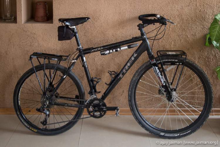 Trek 4300 modified for Himalayan touring. Nothing on this bike, other than the frame and seat post, is original.