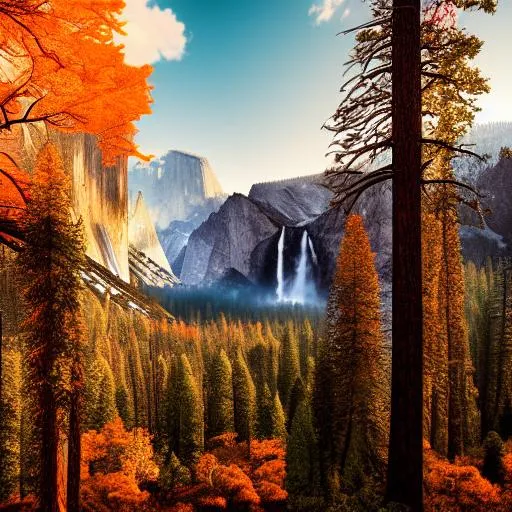 A dramatic National Geographic photograph of Yosemite mountain scenery full of trees, forest, photorealistic, warm, summer