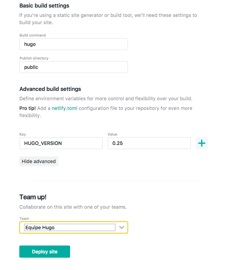 capture-écran dess réglages de déploiement avancés pour spécifier une version Hugo