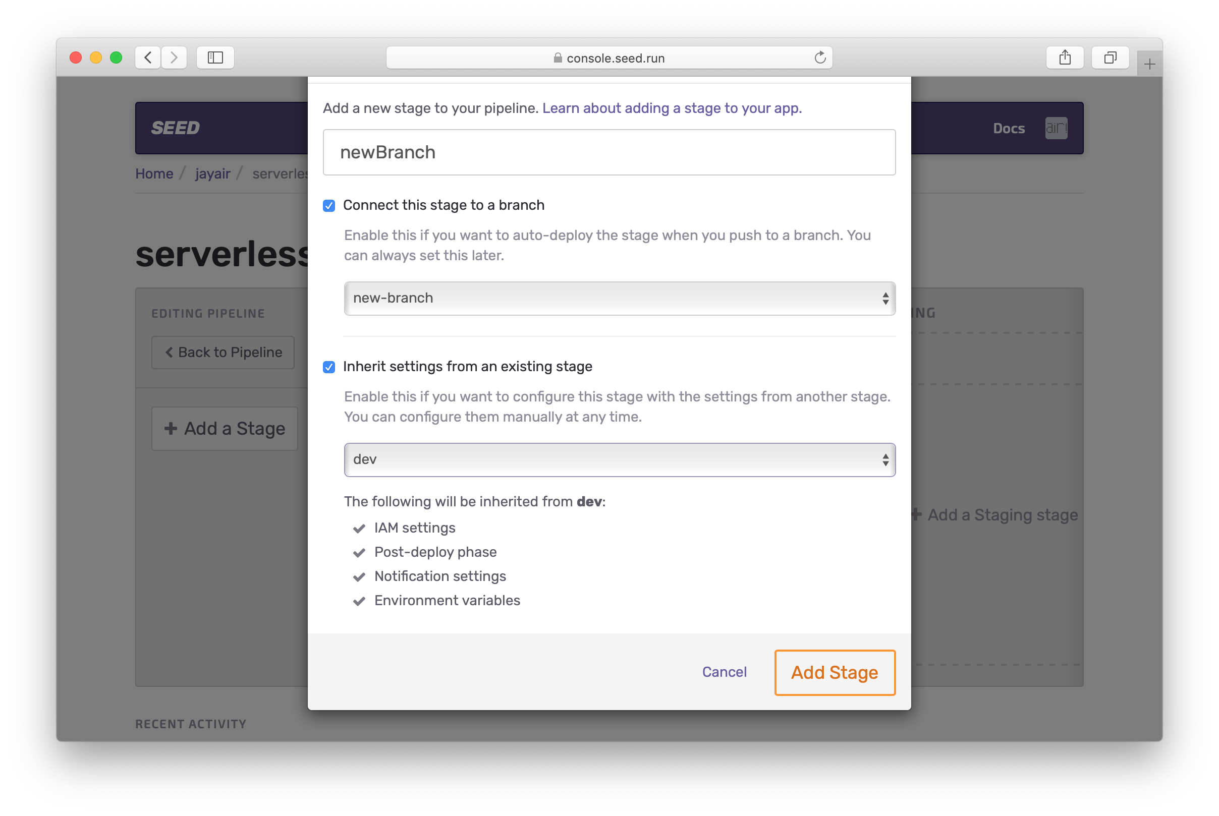 Inherit settings from an existing stage