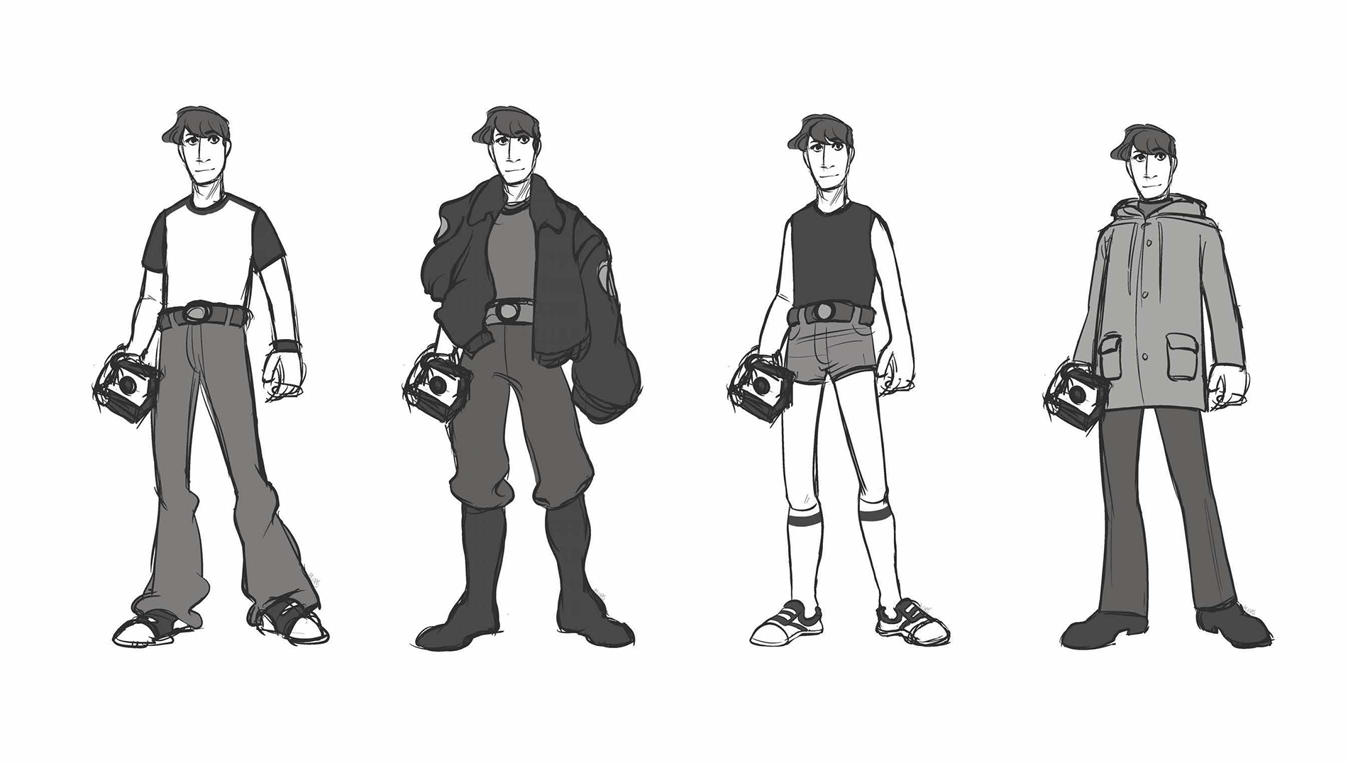 Four versions of Ivan's costumes and silhouettes, black and white concept art, Alina Sandu, Richmond, British Columbia, Canada